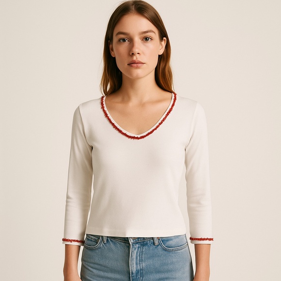 REAL CLOTHES Saks Fifth Ave White Pima Cotton Beaded Trim Top 90s Y2K S - Picture 1 of 15